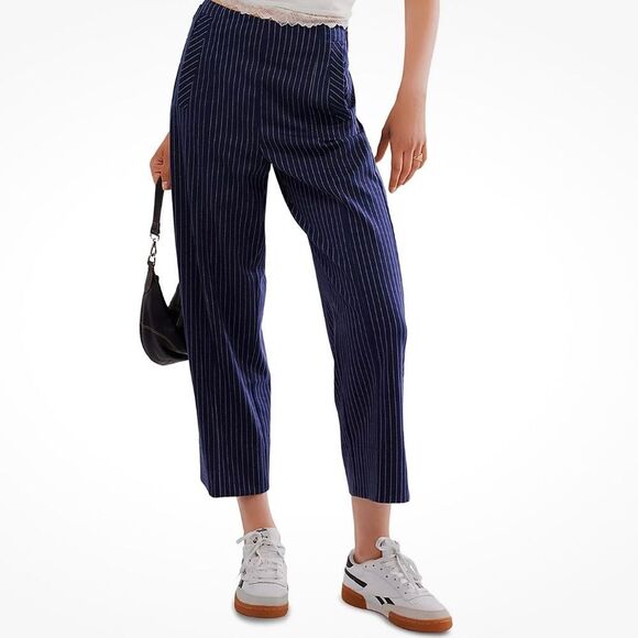 Free People Acadia Trouser Blue Combo/Pinstripe Size 2, NWOT - Picture 2 of 13